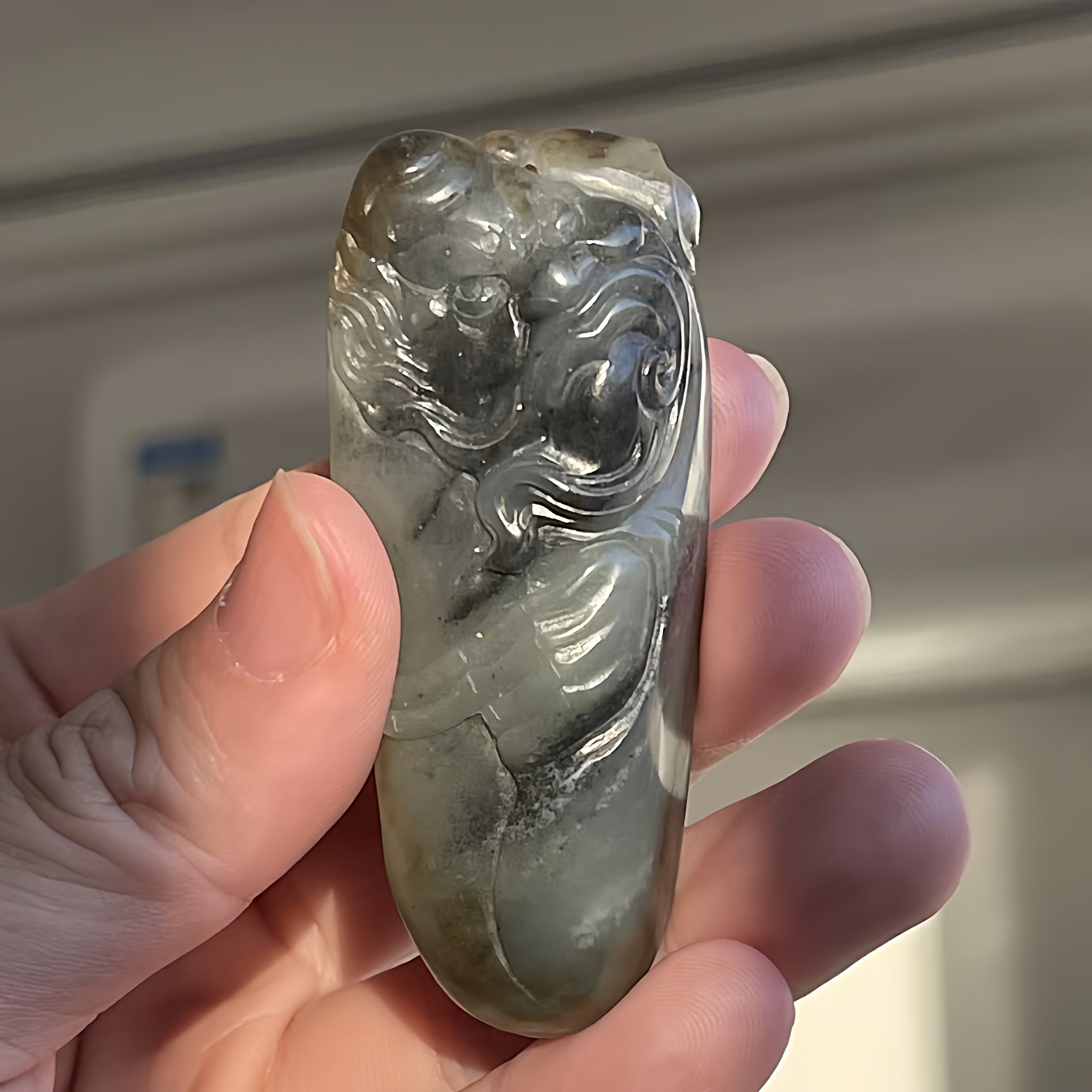 和田玉青花籽料钟馗吊坠/手把件手工雕刻保真