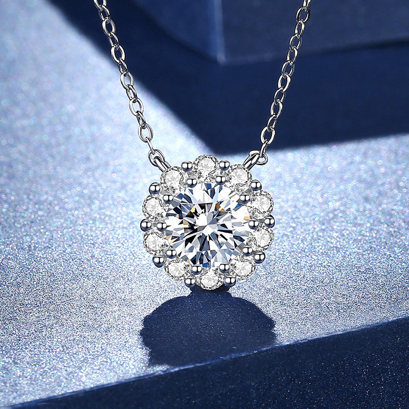 诗美洛正品纯银莫桑石项链女太阳花套链小众设计百搭简约锁骨链