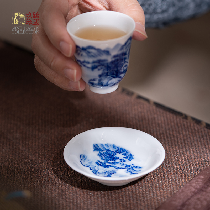 玖廷陶瓷茶杯垫手工手绘青花杯托