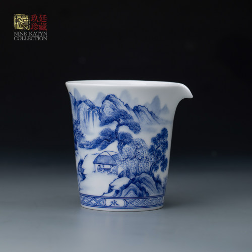 手绘青花山水高温烧制陶瓷公道杯