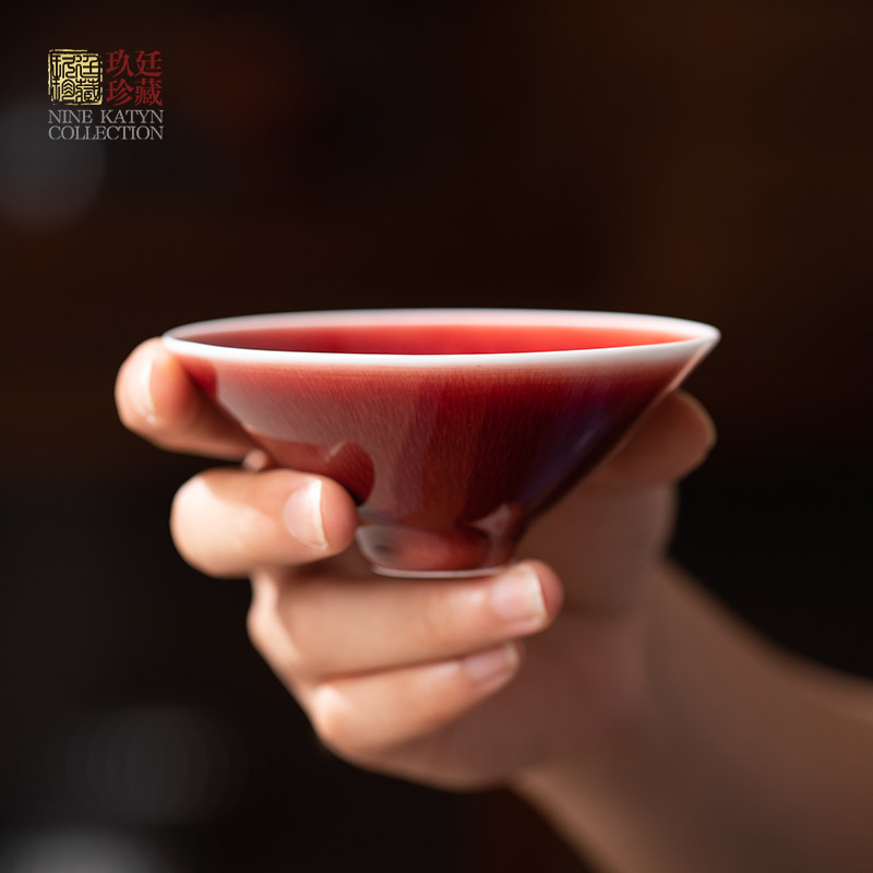 景德镇陶瓷朗红手工功夫茶具个人品茗主人杯单杯斗笠郎红釉茶杯