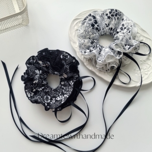 Dreamtown《双生花》原创独立手作进口棉布发圈黑白花影肠圈发饰