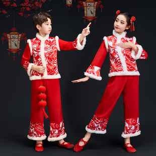 新款元旦儿童演出服喜庆秧歌舞蹈开门红中国风红色新年幼儿表演服
