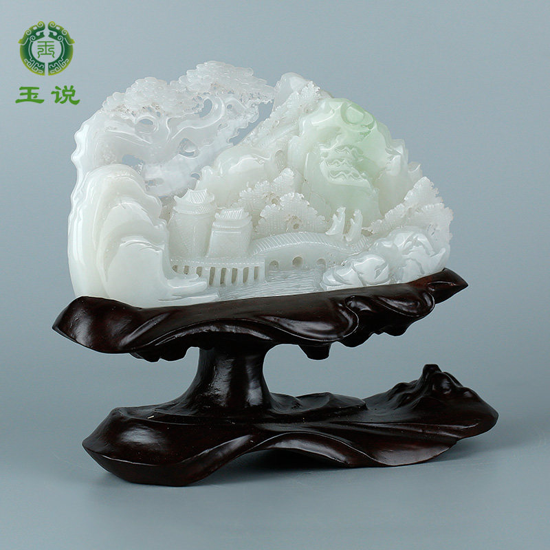 和田玉山水摆件翠青冰白风景