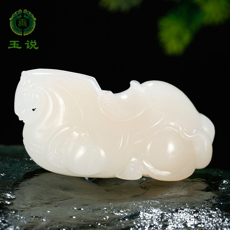 玉说和田玉生肖马手把件男款冰白藕粉立体唐马玉石把玩件附证书