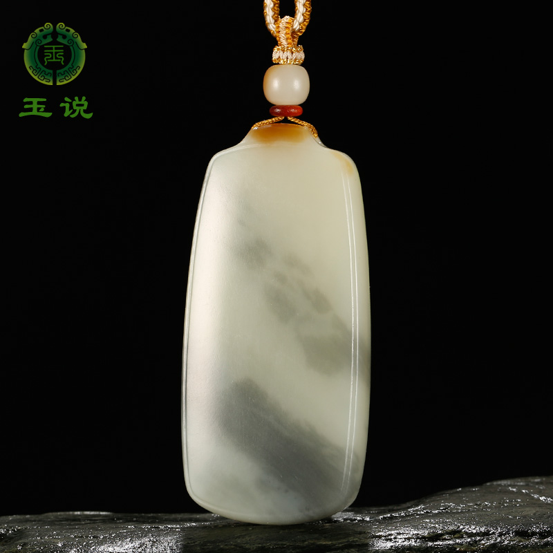 玉说和田玉平安牌吊坠男款玉坠糖白青花三色水墨意境大牌子玉挂件