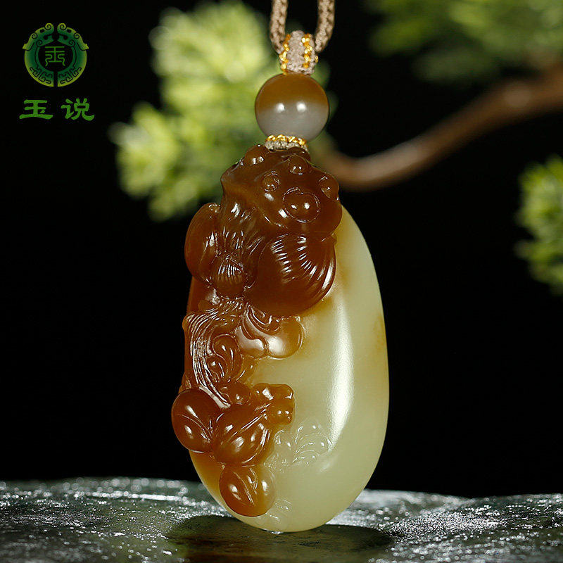 玉说和田玉荷花青蛙吊坠男女款玉坠糖青白玉俏色玉佩玉挂件附证书