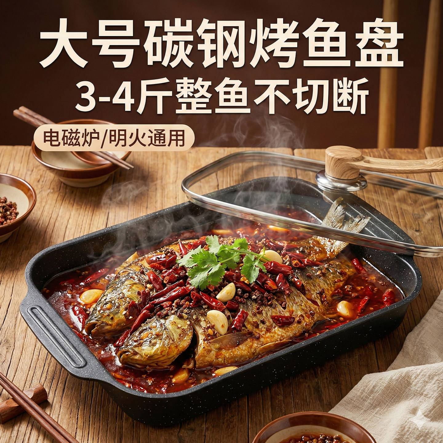 不粘碳钢盘烤鱼专用烤盘长方形家用电磁炉燃气灶通用大托盘一体锅