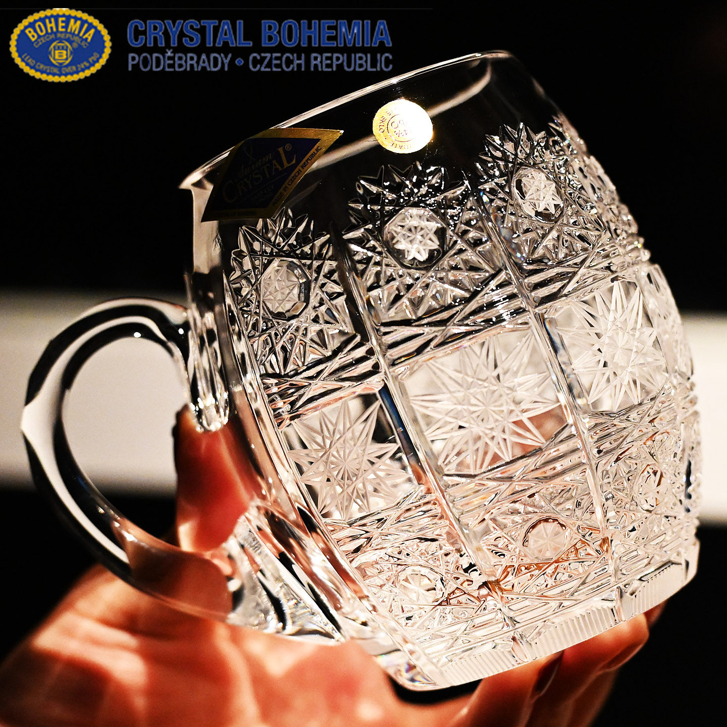 捷克BOHEMIA水晶玻璃手工刻花带把威士忌杯黑啤杯果汁水杯啤酒杯