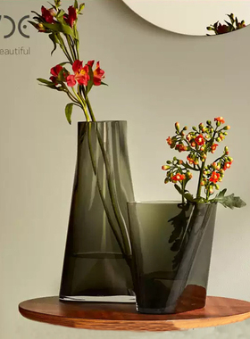 土耳其Nude进口水养花瓶创意烟灰色水晶玻璃花器客厅样板房摆件