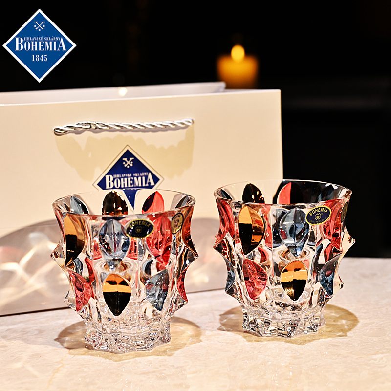 捷克进口BOHEMIA水晶玻璃果汁杯高档彩色威士忌洋酒对杯礼盒套装