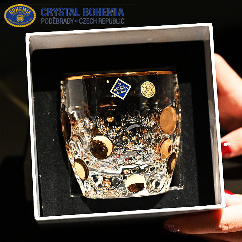 捷克进口描金水晶玻璃威士忌洋酒杯调鸡尾酒杯果汁饮料奶牛水杯子