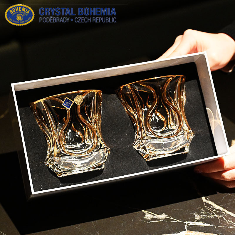 捷克进口水晶玻璃描金威士忌洋酒杯调鸡尾酒杯果汁饮料奶牛水杯子