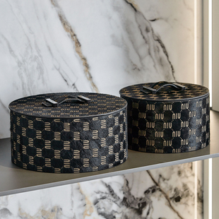 南洋风中古风衣帽间墙柜壁龛开放格圆形收纳盒饰品盒子摆件带盖子