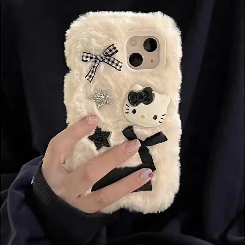 抖音Civi5pro/3/4毛绒手机壳KT猫Turbo3适用12s小米15/13Ultra/k80/K60/k70e公仔红米Note15/14pro+秋冬12/11
