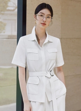 艾尚臣淡人高知套装翻领衬衫套装女夏季通勤阔腿裤两件套气质短袖