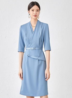 天蓝色中袖职业连衣裙高级感正装收腰显瘦教师职场气质白领西装裙