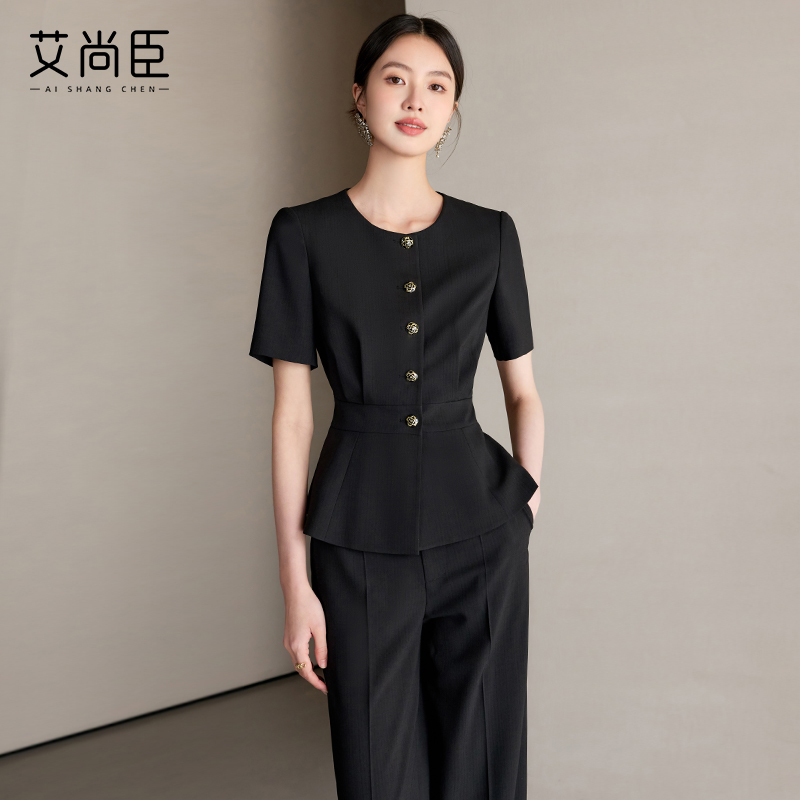艾尚臣黑色西装套装女高级感夏季公务员面试正装圆领短袖西装外套