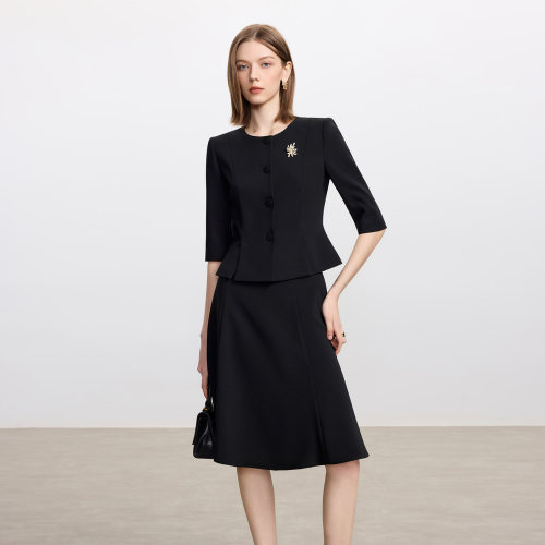 醋酸高级感黑色七分袖西装套装女