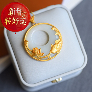 S925纯银镶嵌天然和田玉平安扣锦鲤吊坠锁骨链气质百 新年转运