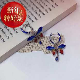 式 纯银925复古风蝴蝶珐琅耳钩女生款 耳饰百搭潮流饰 新年转运