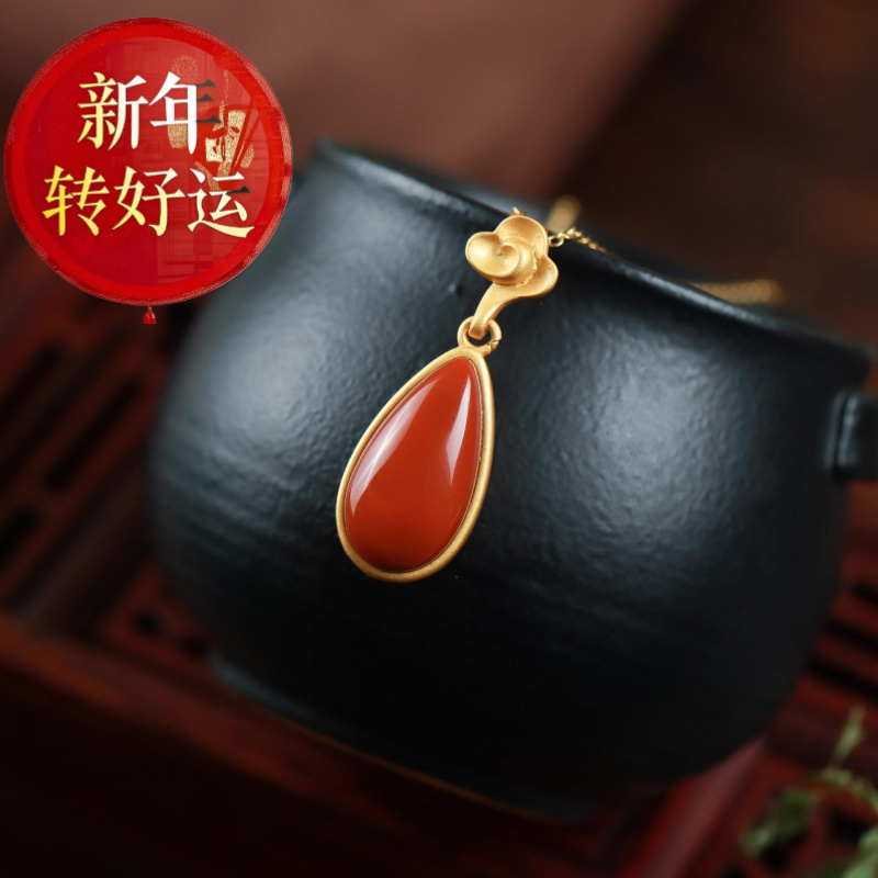 天然南红水滴项链S925纯银镀金祥