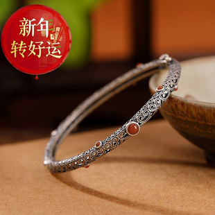 【新年转运】天然南红S925纯银复古民族汉风女士细版活开口手镯