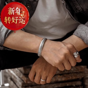 【好运】复古泰银心经手镯男个性设计编织面情侣经文开口手环宽女
