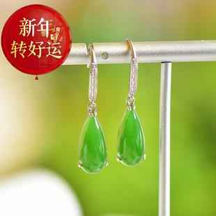 s925银镶和田碧玉耳环和田玉水滴形耳坠碧玉水滴 新款 新年转运