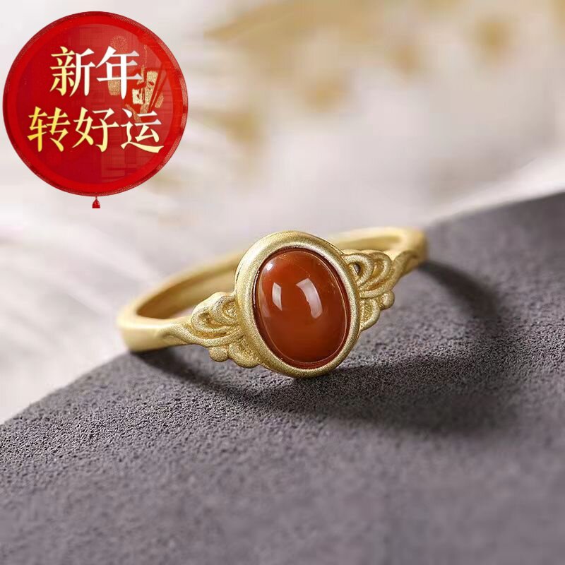 【新年转运】宫廷风设计仿和田碧玉镶嵌古法金戒指开口可调节指环