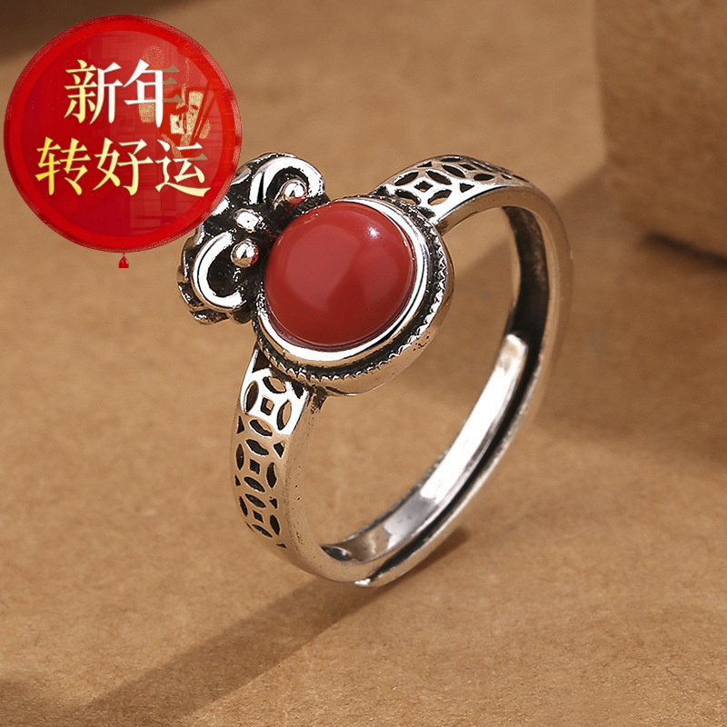复古泰银钱南红玛瑙钱袋戒指女简