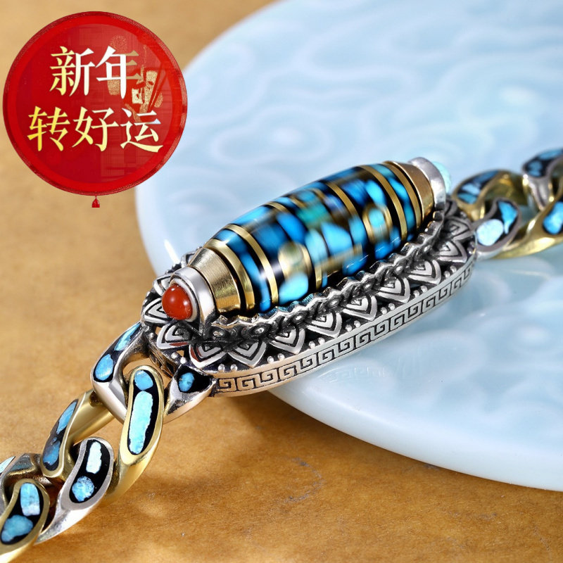 【好运】高档天然绿松石九眼转动
