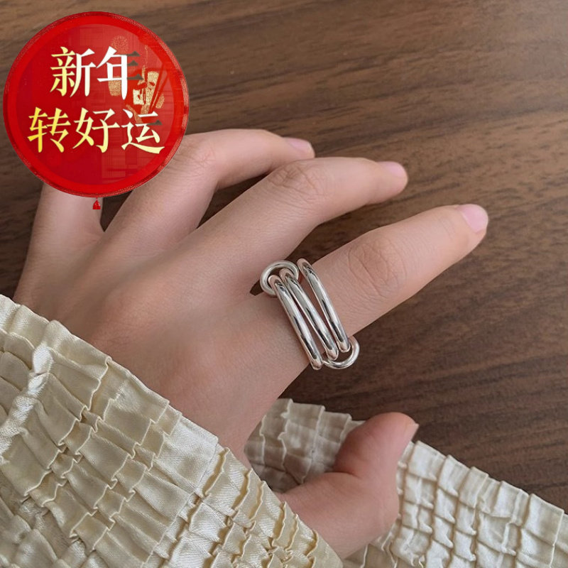 925纯银三连环指环女高级简约设计感学生森系百搭轻奢夸张戒指