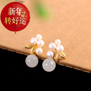 古风女式 天然和田玉白玉花卉耳钉s925银镀金时尚 耳钉 新年转运