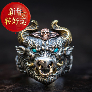 新年礼物食指戒指环霸 手工S925银戒指牛头男女开口款 新年转运