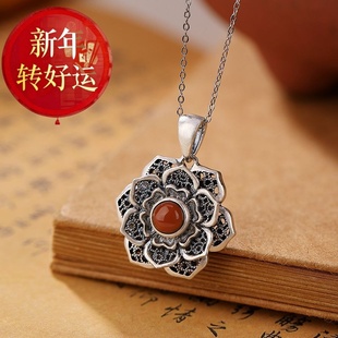 六字真言莲花吊坠优雅古典 S925纯银南红玛瑙复古个性 新年转运