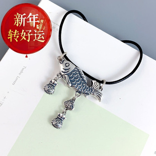 复古福袋平安锦鲤流苏项链男女立体浮雕毛衣链大鱼吊 新年转运