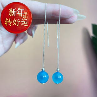 耳钩耳线925纯银镶嵌耳钉简约百搭i 天然海蓝宝圆珠款 新年转运