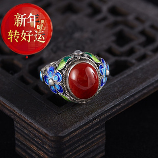 南红烧蓝花纹戒指女士宫廷复古做旧指环s925银可调节 新年转运