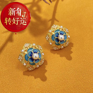 2024国潮镀金手工焊接琺瑯彩工藝鑲嵌小米珍珠花卉耳 新年转运
