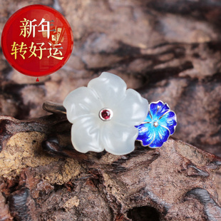 【新年转运】和田玉925银镶玉和田玉戒指六瓣花镶嵌玉石戒指活口