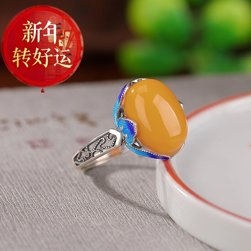 【新年转运】S925纯银蜜蜡镂空如意景泰蓝蛋面戒指复古优雅小众个