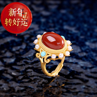 奢美宫廷风南红戒指大蛋面S925纯银古法金工艺女士指 新年转运