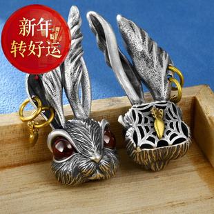 小众复古长耳红眼兔子纯银吊坠男生兔年本命年女士高级情 好运