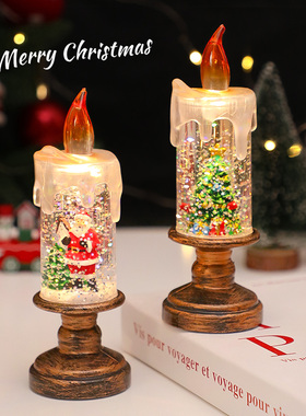 圣诞节装饰品桌面摆件圣诞树发光飘雪小夜灯水晶球创意礼物蜡烛灯