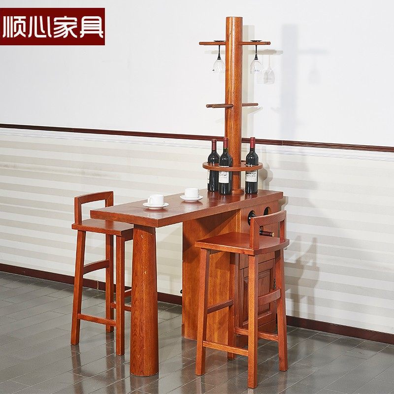 顺心家具  实木吧台桌家用高腿桌客厅吧台隔断柜红橡木美式 吧椅