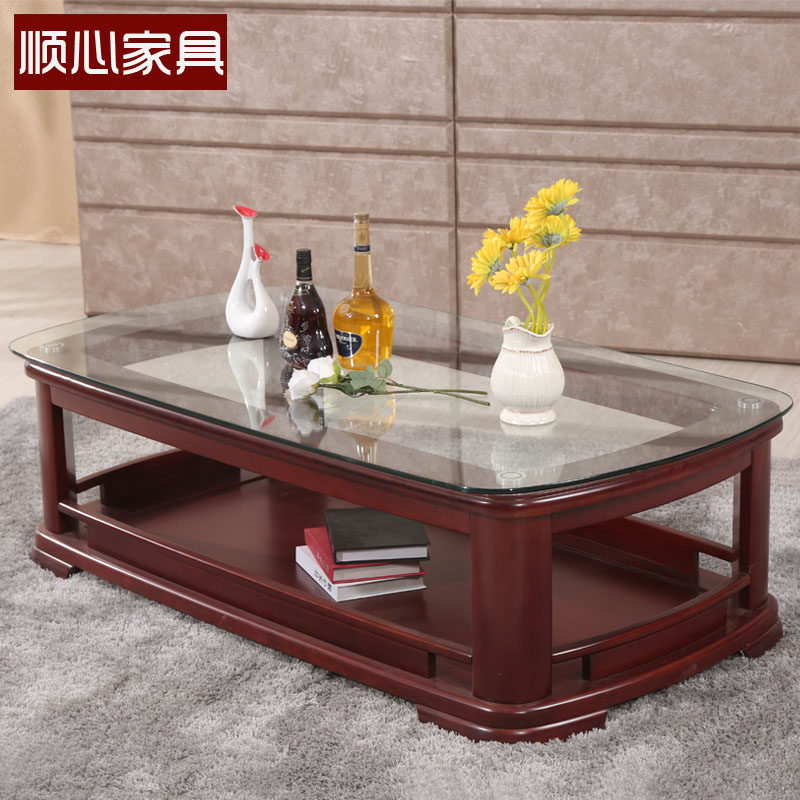 顺心水曲柳实木家具全实木长几客厅茶几新中式实木带玻璃双层茶几