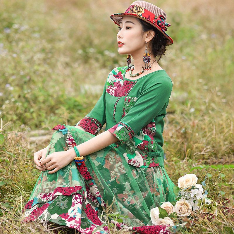 民族风连衣裙T恤棉麻复古网纱半身裙洋气大码女两件套装遮肚显瘦