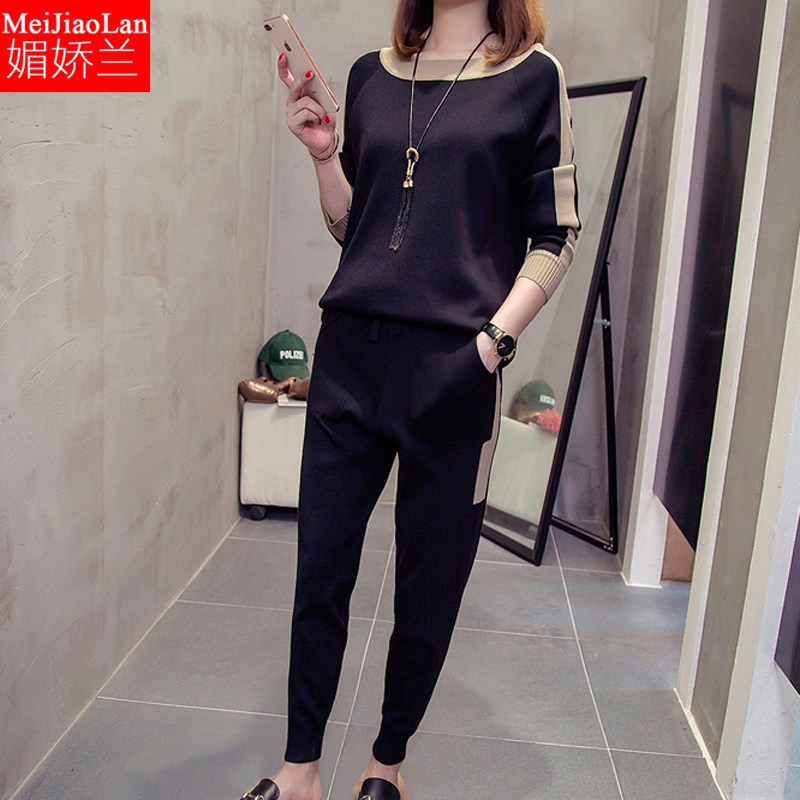 大码女装春秋冬2020新款180斤针织套装宽松韩版显瘦胖妹妹两件套