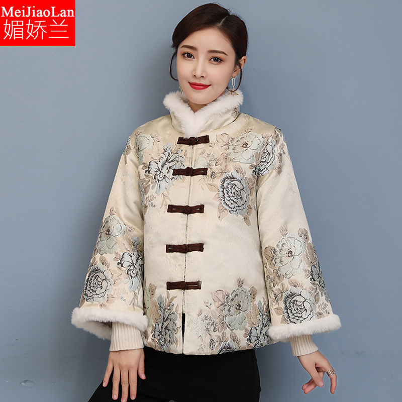 唐装外套女冬新款加厚夹棉衣大码女装复古提花棉服